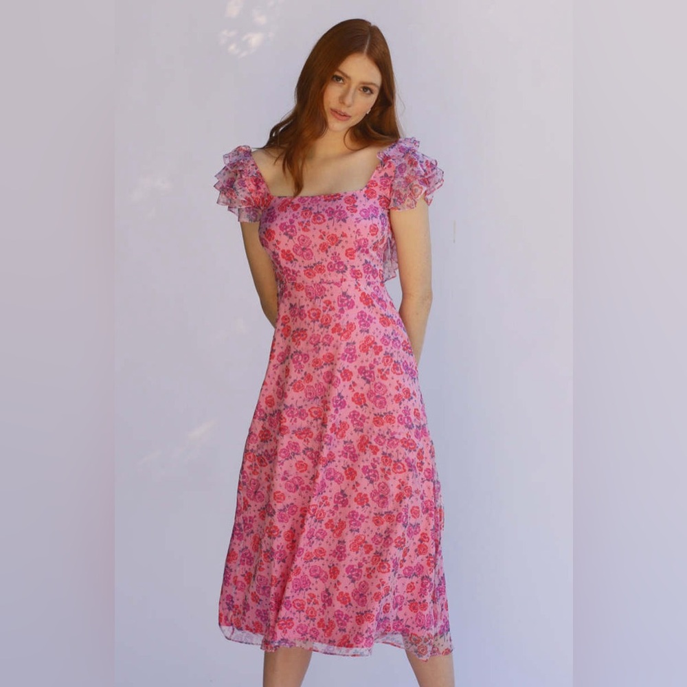 HVN Kathryn Low Back Ruffle Dress NWT Size 4 Pink Poppy
